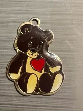 Vintage Enamel Brown Teddy Bear With Heart Charm Pendant Metal Alloy